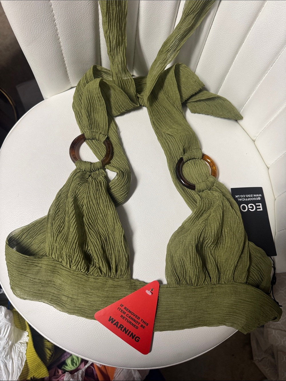 EGO Olive Green Halter Bikini Top with Tortoiseshell Rings
